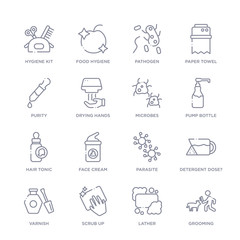 set of 16 thin linear icons such as grooming, lather, scrub up, varnish, detergent dose?, parasite, face cream from hygiene collection on white background, outline sign icons or symbols