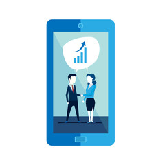 Businesspeople man and woman shaking hands partners in mobile Vector illustration