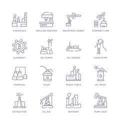 set of 16 thin linear icons such as pump jack, refinery, oil rig, extraction, oil price, fossil fuels, oiler from industry collection on white background, outline sign icons or symbols