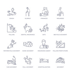 set of 16 thin linear icons such as accident, hospitalization, fall accident, car accident, falling from stairs, insurance agent, hand accident from insurance collection on white background, outline