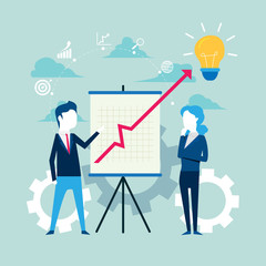 Business people and partners with Whiteboard with growing bar graph