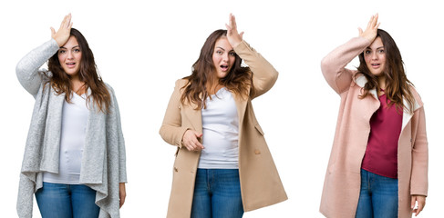 Obraz premium Collage of beautiful plus size woman wearing winter jacket over isolated background surprised with hand on head for mistake, remember error. Forgot, bad memory concept.