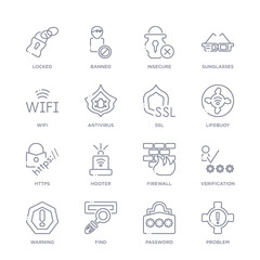 set of 16 thin linear icons such as problem, password, find, warning, verification, firewall, hooter from internet security collection on white background, outline sign icons or symbols