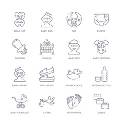 set of 16 thin linear icons such as cubes, footprints, stork, baby carriage, feeding bottle, rubber duck, girl shoes from kid and baby collection on white background, outline sign icons or symbols
