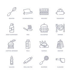 set of 16 thin linear icons such as cleaver, skimmer, rolling pin, sauces, grater, napkin, milk from kitchen collection on white background, outline sign icons or symbols