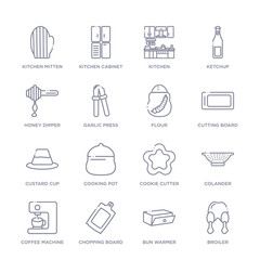 set of 16 thin linear icons such as broiler, bun warmer, chopping board, coffee machine, colander, cookie cutter, cooking pot from kitchen collection on white background, outline sign icons or