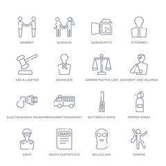 set of 16 thin linear icons such as corpse, balaclava, death certificate, swat, pepper spray, butterfly knife, prisoner transport vehicle from law and justice collection on white background, outline