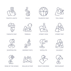 Fototapeta na wymiar set of 16 thin linear icons such as restaurant, right chevron, rolled up map, rose of the winds, sailboat, satellite, segment path from maps and locations collection on white background, outline