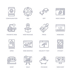 set of 16 thin linear icons such as web shop, pig bank, sale, shop, eticket, velocity test, web graphic from marketing collection on white background, outline sign icons or symbols