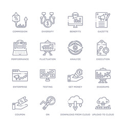 set of 16 thin linear icons such as upload to cloud, download from cloud, on, coupon, diagrams, get money, testing from marketing collection on white background, outline sign icons or symbols