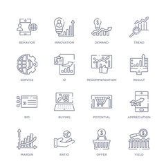 set of 16 thin linear icons such as yield, offer, ratio, margin, appreciation, potential, buying from marketing collection on white background, outline sign icons or symbols