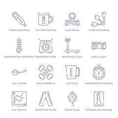set of 16 thin linear icons such as temperature measure, water scale, carpenter ruler, line graphic, chronometer running, cup scale, two dumbbells from measurement collection on white background,