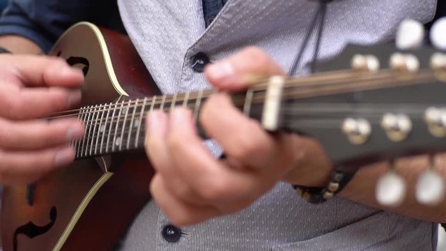 Close up of male play on the mandolin