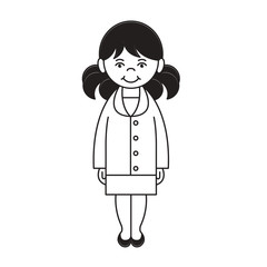 black and white vector cartoon girl with smile standing isolated on white