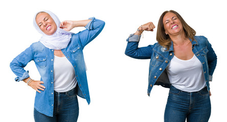 Obraz premium Collage of beautiful middle age arab woman over isolated background stretching back, tired and relaxed, sleepy and yawning for early morning