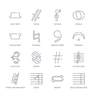 set of 16 thin linear icons such as bold double bar line, repeat, stave,  thirty second note rest, octave clef, sharp, segno from music and media  collection on white background, outline sign