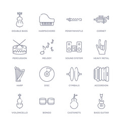 set of 16 thin linear icons such as bass guitar, castanets, bongo, violoncello, accordion, cymbals, disc from music collection on white background, outline sign icons or symbols