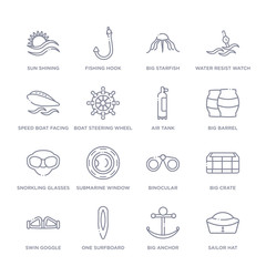 set of 16 thin linear icons such as sailor hat, big anchor, one surfboard, swin goggle, big crate, binocular, submarine window from nautical collection on white background, outline sign icons or