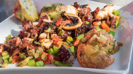 Octopus sauteed with vegetables. Hot octopus salpicon in Lanzarote