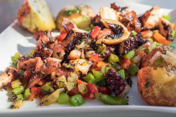 Octopus sauteed with vegetables. Hot octopus salpicon in Lanzarote