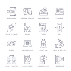 set of 16 thin linear icons such as mobile card, mobile payment, mobile money, money transfer, point of service, money bag, online banking from payment collection on white background, outline sign