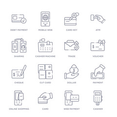 set of 16 thin linear icons such as cashier, web payment, card, online shopping, payment, dollar, cut card from payment collection on white background, outline sign icons or symbols
