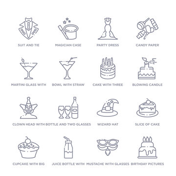 set of 16 thin linear icons such as birthday pictures, mustache with glasses, juice bottle with straw, cupcake with big cherry, slice of cake, wizard hat, bottle and two glasses from party