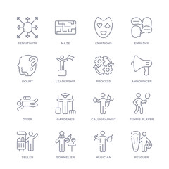 set of 16 thin linear icons such as rescuer, musician, sommelier, seller, tennis player, calligraphist, gardener from people skills collection on white background, outline sign icons or symbols