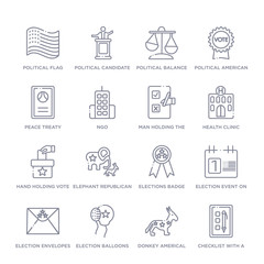 set of 16 thin linear icons such as checklist with a pencil, donkey americal political, election balloons couple, election envelopes and box, election event on a calendar with star, elections badge