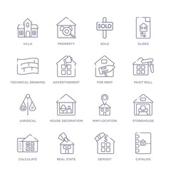 set of 16 thin linear icons such as catalog, deposit, real state, calculate, storehouse, map location, house decoration from real estate collection on white background, outline sign icons or symbols