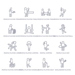set of 16 thin linear icons such as goalkeeper playing, people playing golf, people playing handball, people playing hopscotch, hula hop, jumping, jumping rope from recreational games collection on