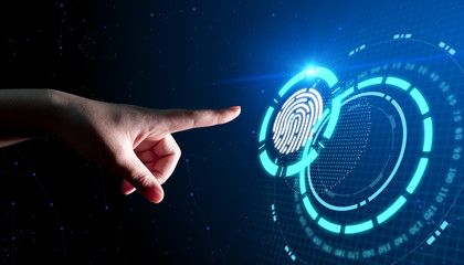 Fingerprint scan provides security access with biometrics identification. Business Technology Safety Internet Concept