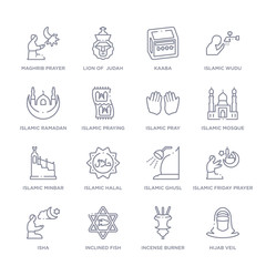 set of 16 thin linear icons such as hijab veil, incense burner, inclined fish, isha, islamic friday prayer, islamic ghusl, islamic halal from religion collection on white background, outline sign