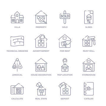 set of 16 thin linear icons such as catalog, deposit, real state, calculate, storehouse, map location, house decoration from real estate collection on white background, outline sign icons or symbols