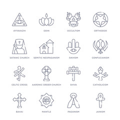 set of 16 thin linear icons such as jainism, paganism, mantle, bahai, catholicism, shiva, aaronic order church from religion collection on white background, outline sign icons or symbols