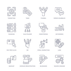 set of 16 thin linear icons such as search engine, blogging, domain registration, backup, link, viral marketing, de from search engine optimization collection on white background, outline sign icons