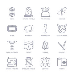 Fototapeta premium set of 16 thin linear icons such as fabric, leather, spool of thread, sewing machine, crochet, thread, pocket from sew collection on white background, outline sign icons or symbols