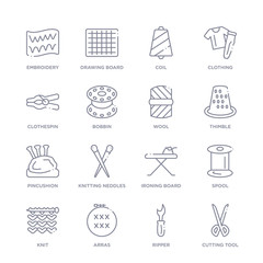 set of 16 thin linear icons such as cutting tool, ripper, arras, knit, spool, ironing board, knitting neddles from sew collection on white background, outline sign icons or symbols