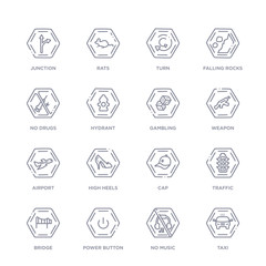 set of 16 thin linear icons such as taxi, no music, power button, bridge, traffic, cap, high heels from signs collection on white background, outline sign icons or symbols