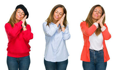 Collage of beautiful middle age woman over white isolated background sleeping tired dreaming and posing with hands together while smiling with closed eyes.