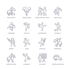 set of 16 thin linear icons such as formula racing, go game, handball, horse racing, horseball, hurling, judo from sport collection on white background, outline sign icons or symbols