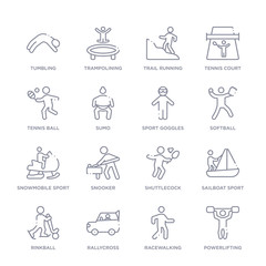 set of 16 thin linear icons such as powerlifting, racewalking, rallycross, rinkball, sailboat sport, shuttlecock, snooker from sport collection on white background, outline sign icons or symbols