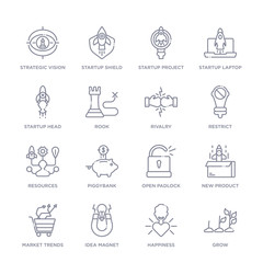 set of 16 thin linear icons such as grow, happiness, idea magnet, market trends, new product, open padlock, piggybank from startup stategy and collection on white background, outline sign icons or