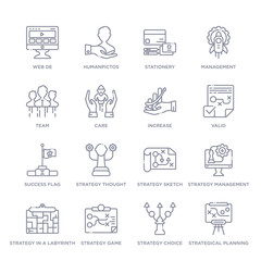 set of 16 thin linear icons such as strategical planning, strategy choice, strategy game, strategy in a labyrinth, management, sketch, thought from startup stategy and collection on white
