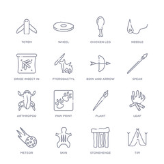 set of 16 thin linear icons such as tipi, stonehenge, skin, meteor, leaf, plant, paw print from stone age collection on white background, outline sign icons or symbols