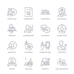 set of 16 thin linear icons such as collaboration?, growth?, analysis?, award?, customer?, presentation?, planning? from strategy collection on white background, outline sign icons or symbols
