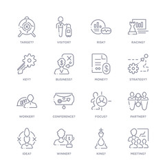 set of 16 thin linear icons such as meeting?, king?, winner?, idea?, partner?, focus?, conference? from strategy collection on white background, outline sign icons or symbols
