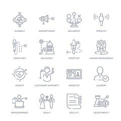 set of 16 thin linear icons such as investment?, policy?, deal?, programmer?, leader?, website?, customer support? from strategy collection on white background, outline sign icons or symbols