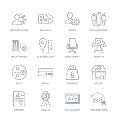 set of 16 thin linear icons such as graduation?, translator?, medal?, resume?, house?, padlock?, email? from strategy collection on white background, outline sign icons or symbols