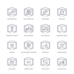 set of 16 thin linear icons such as no bicycle, two ways, speed limit, no virus, lovemaking, pothole, no picking flowers from traffic signs collection on white background, outline sign icons or